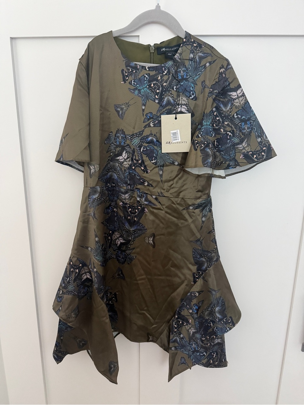 AllSaints Olive and Teal Butterfly-Print Silk Top